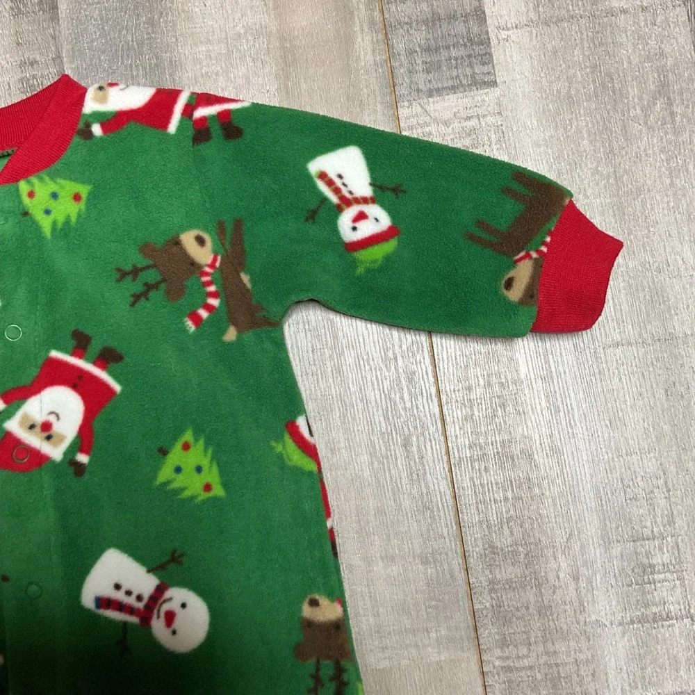 Carters Baby 3M Green Fleece Christmas Santa Snowman Reindeer Footed Pajamas